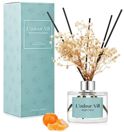 L'odeur Vill Raumduft Reed Diffuser 200ml, Luxus Aromaduft mit 6 Duftstäbchen, Langanhaltender Duft für Wohnzimmer Schlafzimmer Bad Büro, (Zitrusnoten)
