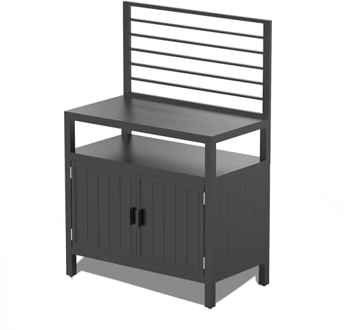Outdoor Kitchen Island with Storage, Aluminum Kitchen Storage Island with Wall Hanging, Freestanding Grill Storage Cabinet with Protective Cover for BBQ, Deck, Patio, Backyard