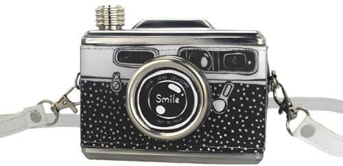 11OZ Creative Camera Hip Flask Stainless Steel Alcohol Flask with Removable Strap Portable Leak Proof Hidden Whiskey Hip Flask Men Women Personalized Quirky Fun Party Travel Outdoor Gift (Black)