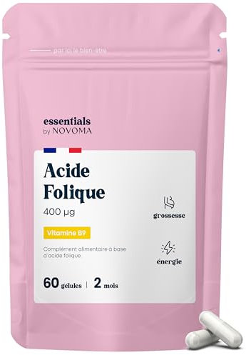 Acide Folique 400 µg, Vitamine B9, Conception et Grossesse, Soutient la Femme Enceinte, 60 gélules Végétales, Cure de 2 mois, Fabriqué en France, Essentials by Novoma