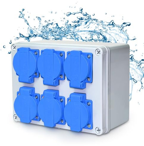 Wandverteiler Stromverteiler 6x230V IP54 Baustromverteiler Innen Verdrahtet Stromverteiler Aussen Wasserdicht für Indoor Outdoor-Bereich, Werkstätten und Fabriken 16A