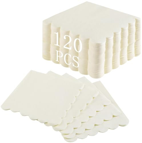NatNarr Lot de 120 serviettes de cocktail en papier ivoire festonné jetables pour dessert, boisson, fête pour mariage, fête prénuptiale, fête prénatale, anniversaire