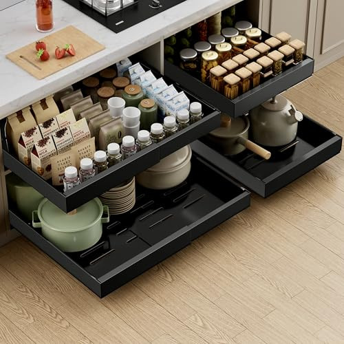 PAKETA 4 Pack Expandable Pull Out Cabinet Organizer, 21'' Deep Pull Out Drawers for Cabinets,Upgrade 3 Slide Rails Sliding Drawer for Kitchen Cabinet Organizer with Adhesive Nano Film (Black)
