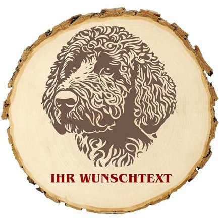 KIWISTAR UG - 14-16 cm Baumscheibe - Spanischer Wasserhund - Hund - personalisiertes Geschenk individuell selbst gestalten - Name - Holzscheibe mit Wunschtext - Naturholz - Geschenk - Türschild