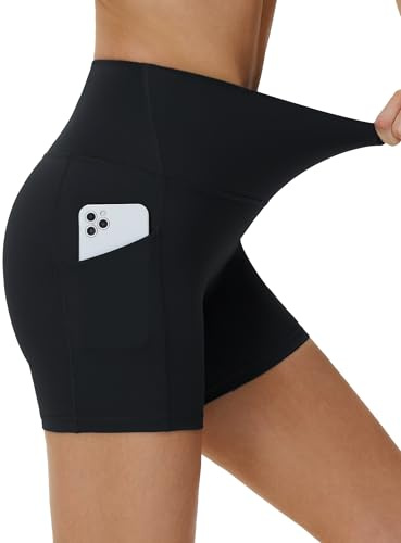 THE GYM PEOPLE Damen Radlerhose High Waist 12,5cm Sport Shorts mit Taschen | 4-Wege-Stretch, Atmungsaktiv, Schnelltrocknend, Bauchkontrolle, 2 Seitentaschen, Kurze Legging Sporthose Yoga Laufen Fitness