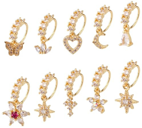 Gosknor 10 Pcs Dangle Nose Stud Rings Hoops, Copper Dainty Star Moon Heart Leaf Dangle Nose Hoop Piercing Jewelry for Women Fashion Accessories(Gold)