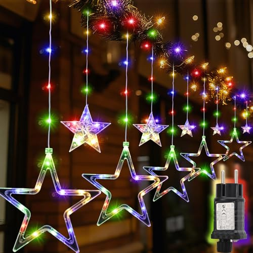SALCAR 2m 160 LED Lichtervorhang Fenster Weihnachten, Wasserdicht Lichterkette mit 10er Sternen für Außen Innen, Weihnachtsbeleuchtung Fenster mit 8 Modi, Timer und Memory, Bunt