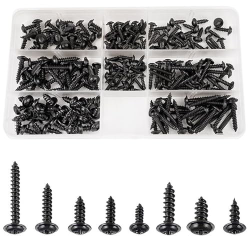 200 Stück Schwarz Kreuz Selbstschneidende Schrauben - M3/M3.5/M4/M4.8 Blechschrauben-Sortiment, Linsenkopfschrauben Holz, Holzschrauben Set, Blechschrauben Selbstschneidend mit Kunststoffbox