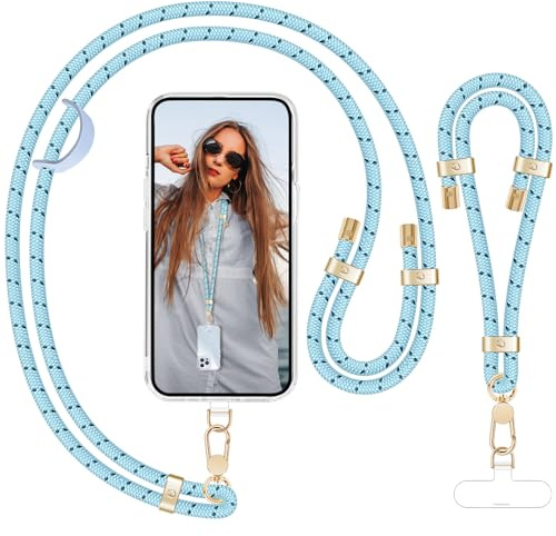 UKON Phone Lanyard Crossbody Phone Strap and Wrist Strap Set Adjustable Neck Strap 2 Patches with Premium Metal Buckle Compatible with Most Mobile Phone（Light Blue）