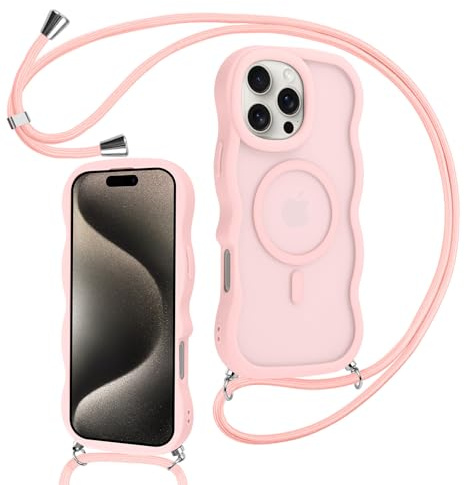 Knrlqim Magnetica Cover con Cordino per iPhone 15 Pro Max, Compatibile con Magsafe,Custodia con Laccio Collana Tracolla Corda,Cornice Ondulata Traslucida Opaca Antiurto Protettiva Case,Rosa