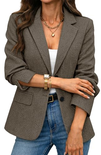 ELLEVEN Damen Fischgräten-Tweed-Blazer - Slim Fit Business Casual Arbeitsjacke mit Pattentaschen Langarm, Braun, XS