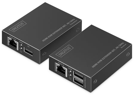 DIGITUS HDMI KVM Extender – UHD 4k 30Hz – 60 m über LAN-Kabel ab CAT 6 | 2x USB für Maus und Tastatur – HDMI 1.4 – Ultra Low Latency – Sender und Emfänger – PoC