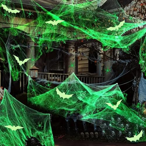 Halloween Spinnennetz Leuchtend, 100g Dehnbare Halloween Deko Spinnennetz mit 10 Stück Leuchtende Spinnen und 10 Spinnen und 12 Stück Leuchtende Fledermaus für Garten Gruselig Deko Party