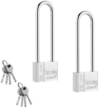 MORETATA 2 Pack Heavy Duty Long Shackle Padlock with Keys, 40mm High Security Key Padlocks, Waterproof Outdoor Padlock for Shed, Warehouse, Garage, Garden, Gate(Silver)