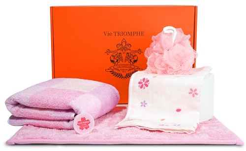 Vie TRIOMPHE 5-Piece Sakura Children's Bath Set Gift Box, 60x120cm Bath Towel, 34cm Washcloth, 34x45cm Bath Mat, Bath Puff, Bath Salts, Soft Absorbent for Kids with Japanese Floral Design