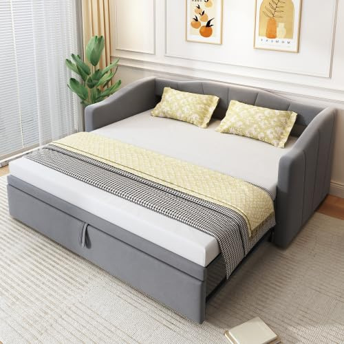 DHWDS Schlafsofa zum Ausziehen für Gästezimmer, 180x200 cm | Polsterbett in weichem Samt mit Lattenrost | Tagesbett und Gästebett in einem, platzsparend und komfortabel Grau