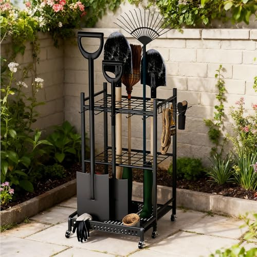 Organizer per attrezzi da giardino, Organizzazione Stoccaggio Riparo Esterno per Attrezzi, Rastrelli, Scope a Manico Lungo da Officina, per garage e garage, organizer da giardino , 50 x 43 x 79cm