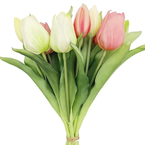 duoyif Künstliche tulpen, Tulpenbündel mit 6 Tulpen und 4 Tulpenknospen, Tulpe Kunstblumen wie echt, Tulpenblume Tulpenstrauß für Frühlingsdeko Hochzeit Hausgarten, Real Touch Tulip (Farbe: rosa weiß)