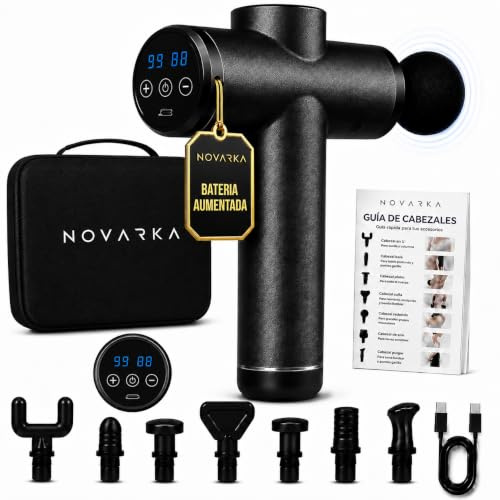 | NOVARKA® Recovery360 | Pistola de Masaje Muscular EXCLUSIVA de 99 Velocidades con 8 Cabezales INCLUIDOS | Incluye Maletin de Transporte y Guía Uso Cabezales | Masajeador Cervical y Espalda