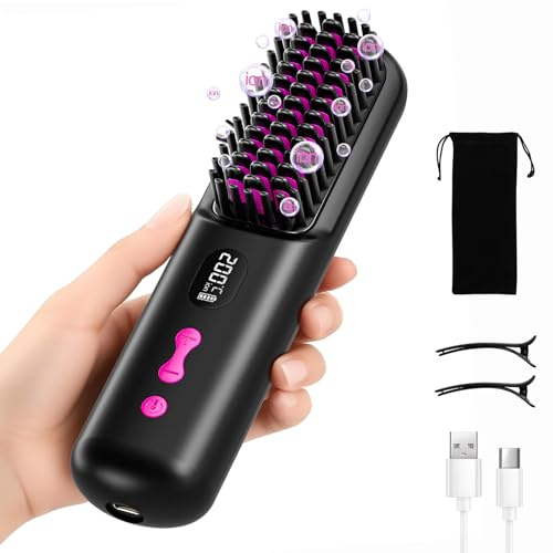 Spazzola Lisciante per Capelli 9600mAh, Spazzola Lisciante Senza Fili 40 Milioni di Ioni Negativi, Riscaldamento Rapido, Pettine Lisciante per Capelli per Viaggio, 4 Livelli di Temperatura (Nero)