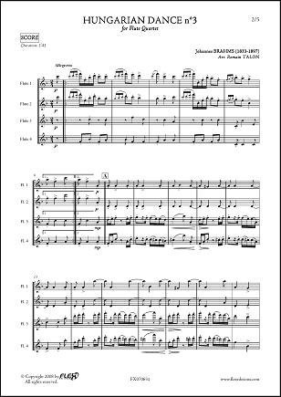 CLASSICAL SHEET MUSIC - Hungarian Dance No. 3 - J. BRAHMS - Flute Quartet