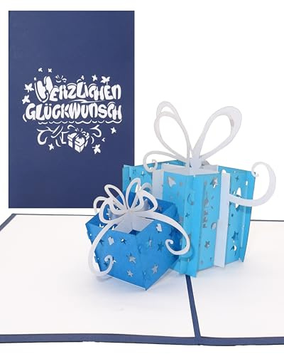 3D Geburtstagskarte Geschenke - Blau & Weiß - Pop Up Karte zum Geburtstag, Namenstag und zur Geburt - als kleines Geschenk, Geschenkverpackung, Einladungskarte & Gutschein