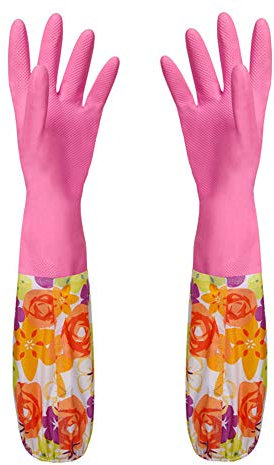 LIBINFAN Guantes Impermeables para El Hogar Rosa De Látex Rojo Más Mangas De Flores Amarillas Boca Boca Párrafo Largo Protector De Mano Más Terciopelo (Color : Plus Velvet)