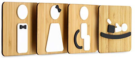Signs - Styled Knot, Set 4x- Targa Bagno Uomo Donna Disabili Fasciatoio - Segnali Bagno adesivi Toilette Uomo Donna - Cartelli Bagno Uomo Donna Disabili - Adesivi WC Disabili (Prime Quadrato - Bambù)