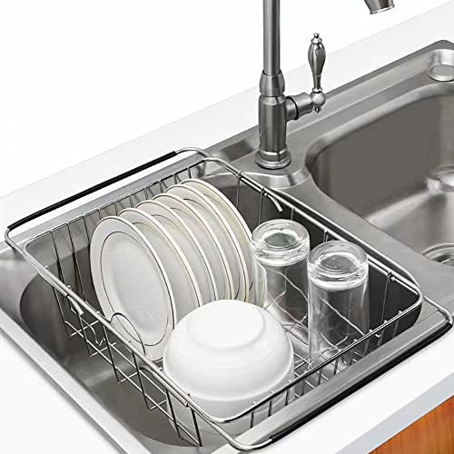 WDEC Escurridor de Platos, sobre el Fregadero, Escurridor de Platos Extensible, Escurridor de Acero Inoxidable para Vajilla con Escurridor y Bandeja Extraíble para Cubiertos