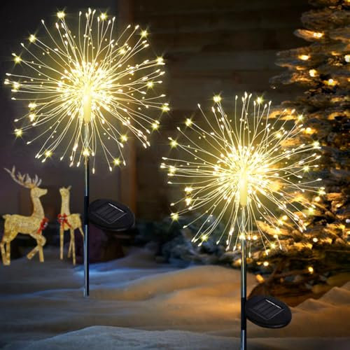 Joycome Solar Christmas Lights 2 Pack 120 LED Firework Solar Light Outdoor Garden, 8 Modes Christmas Starburst Lights, Waterproof Solar Firefly Stake Light for Pathway Xmas Decorations - Warm White