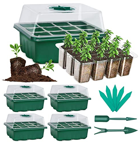 SHEEFLY 5 Set Seed Trays Seedling Starter Tray 60 Cells Humidity Adjustable Plant Starting Kit with Dome and Base Greenhouse Grow Trays Mini Propagator for Garden Seeds Growing with hand Tools Labels