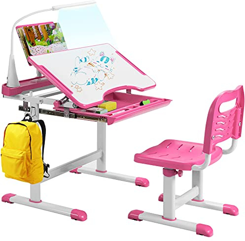 GYMAX Kids Desk and Chair Set, Height Adjustable Children Art Table with Chair, Tilt Desktop, LED Light, Storage Drawer & Book Stand, Study Furniture Set for Girls Boys (Pink)
