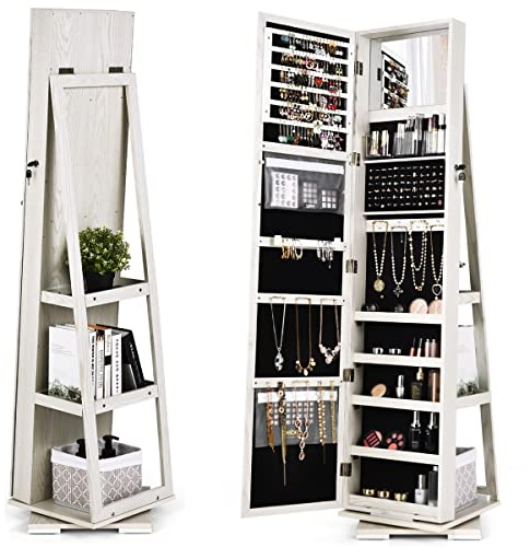 MAT EXPERT 360 Rotating Jewelry Armoire with Mirror, Freestanding Jewelry Storage Mirror w/78 Ring Slots, 24 Necklace Hooks, 120 Earring Slots, Lockable Jewelry Organizer for Makeup (White)