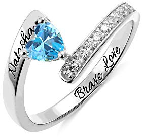 BYFDIY Personalised Mothers Ring with 1-8 Simulated Heart-shaped Birthstones and Name Engravings Promise Rings 925 Sterling Silver Customised Jewellery Engagement Ring Gift for Mom Christmas
