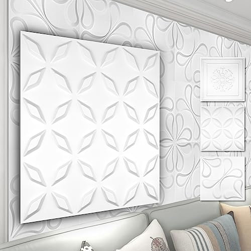 HEXIM 3D Wandpaneele, PVC Kunststoff weiß - Blumen Design Paneele 50x50cm Wandverkleidung (5QM HD063) Wandvertafelung 3dwandpaneele akustik