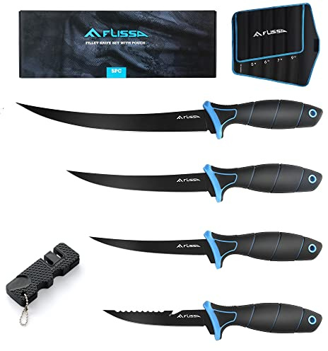 FLISSA Fillet Knife Set, Boning Knife & Bait Knives with Sharpener, Protective Sheath, Belt Clip, Non-Slip Handle, Portable Pouch & Corrosion Resistant Coating Blade, for Fresh or Saltwater (4-Piece)