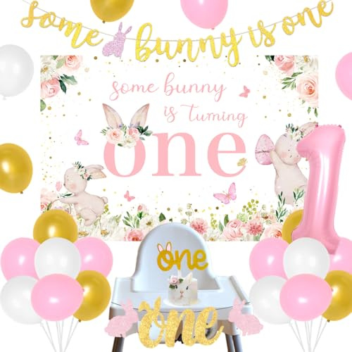 Bunny 1st Birthday Decorations for Girls Pink, Some Bunny is One Banner and Backdrop, Rabbit Balloon, High Chair Banner Cake Topper, Number 1 Foil Balloon for Spring Easter Theme First Birthday Party