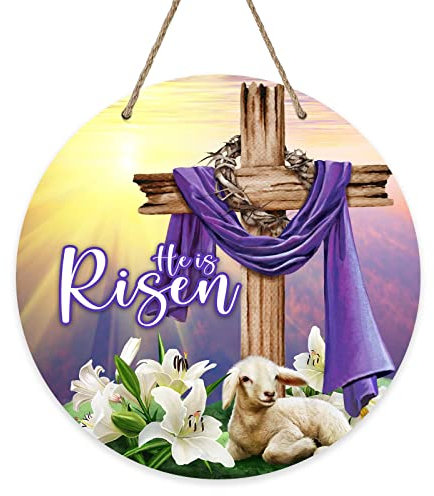 Deroro Letrero de cruz religiosa de Pascua para decoración de puerta delantera, flores de lirio cristiano, colgador de puerta de madera para porche exterior al aire libre, corona de madera de oveja de