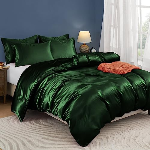 Horbaunal 5 Pieces Satin Duvet Cover Set King Size Emerald Green Bedding Duvet Cover with Corner Ties, Luxury & Silky Satin Comforter Cover Set, 1 Duvet Cover and 4 Pillowcases (No Comforter)