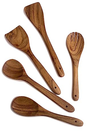 Juego de utensilios de cocina de madera, 5 piezas de madera de acacia natural para sartén antiadherente, herramienta de cocina, cucharón y espátulas de wok, cucharas de madera para cocinar tenedor