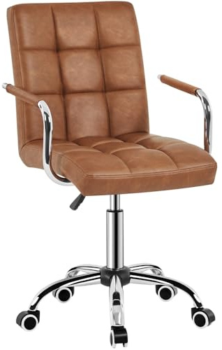 Yaheetech Silla de Oficina con Ruedas Giratorias Silla de Ordenador Ajustable en Altura con Asiento Acolchado Giratorio Silla de Escritorio de Polipiel Carga MAX 120Kg con Respaldo Marrón Claro