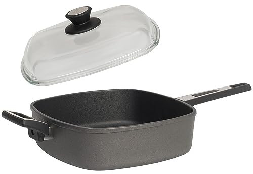 SKK große 2-tlg. Bratpfanne 28x28 cm mit Gegengriff - Induktion - viereckige hohe Aluguss Pfanne beschichtet & Vollglas Deckel - Made in Germany