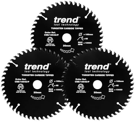 Trend Wood PTFE Circular Saw Blades, Triple Pack, 165mm Diameter, 20mm Bore, 48 Teeth, TCT, 2.2mm Kerf, 3 Pack, CSB/165/3PKAP | Precision Wood Cutting Blades With PTFE Coating, TCT Teeth And Thin 2.2mm Kerf For Smooth Cuts, CSB/165/3PKAP