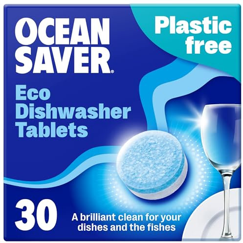 OceanSaver Pastillas ecológicas para lavavajillas, paquete de 30, pastillas para lavar platos no tóxicas y sin plástico para una limpieza sostenible, sal y enjuague todo en uno a base de plantas para
