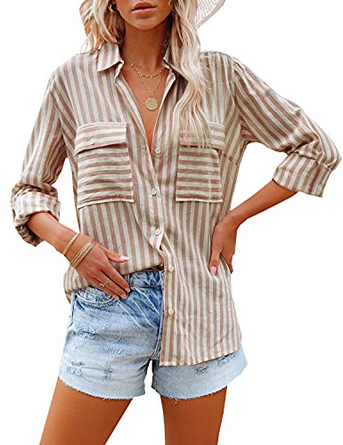 Zitiki Camicetta da Donna Elegante a Righe, Scollo a V, Casual, a Maniche Lunghe, con Tasca, Marrone, XL