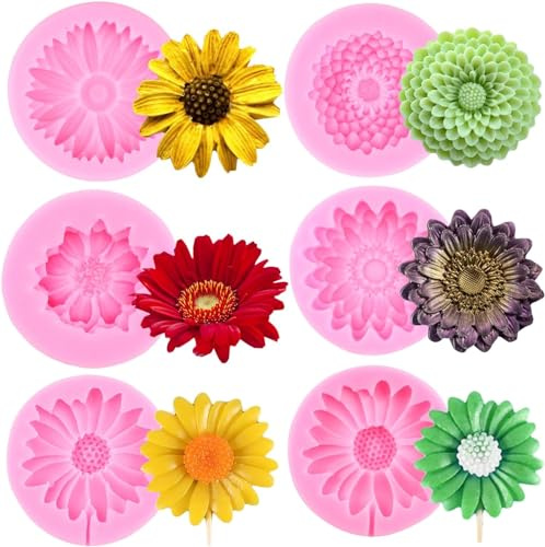 RFGHAC Set di 6 stampi in silicone a forma di fiore di crisantemo, margherita, fondente, girasole, fondente, per decorare torte, caramelle, cioccolato, pasta di gomma, pasta di gomma