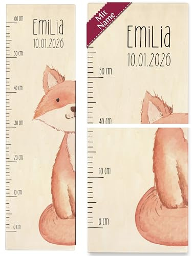 Messlatte Kind Holz - Süßer Fuchs mit Name und Datum Kindermesslatte niedlicher Fuchs I Fuchsmotiv - 0-60 cm - Holz - baby motiv kinder geschenke für junge aus namensgeschenke mädchen