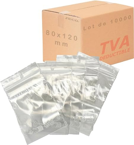 Jeco - Lot de 10000 sachets à fermeture zip transparent format 8 x 12 cm : 80 x 120 mm 50µ - qualité alimentaire