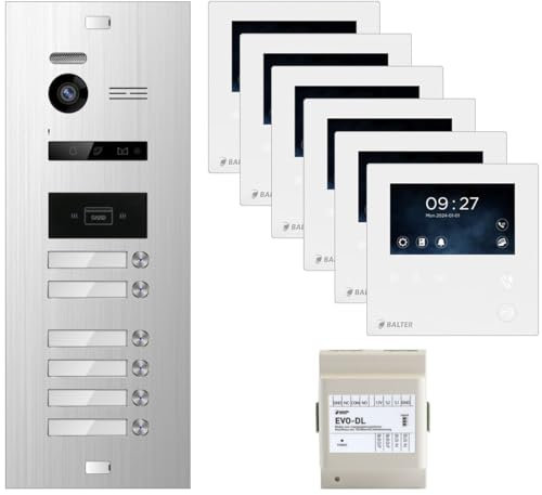 Nonic Balter EVO Silber/Weiß Video Türsprechanlage Set für 6 Familienhaus (1x Türstation, 6X 4.3 Mini Monitor, 1x EVO-DL Module, 2-Draht Bus, 150° Weitwinkel, RFID)