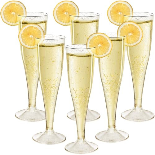 Mispudin Fute Plastica 30 Pezzi, 130ml Bicchieri Champagne con Glitter Dorati, Riutilizzabile Calici Spumante Eleganti, Bicchieri da Prosecco Vino per Matrimoni, Compleanni, Feste, Natalizi